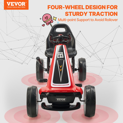 VEVOR Go Kart 4 τροχών με πεντάλ για παιδιά, ρυθμιζόμενο κάθισμα, χειρόφρενο, κόκκινο