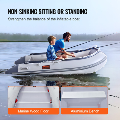 Φουσκωτό σκάφος VEVOR, Sport Tender Boat Transom 4 ατόμων, με θαλάσσιο ξύλινο δάπεδο και ρυθμιζόμενο πάγκο αλουμινίου, φουσκωτό σκάφος ψαρέματος 1000 lbs, κουπιά αλουμινίου, αντλία αέρα και τσάντα μεταφοράς