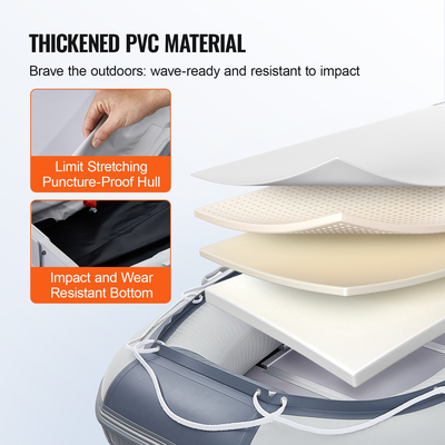 Φουσκωτό σκάφος VEVOR, Sport Tender Boat 6 ατόμων, με ξύλινο δάπεδο θαλάσσης και ρυθμιζόμενο πάγκο αλουμινίου, σχεδία φουσκωτού σκάφους ψαρέματος 1500 lbs, κουπιά αλουμινίου, αντλία αέρα και τσάντα μεταφοράς