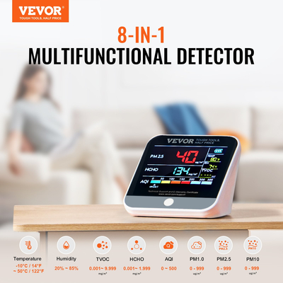 VEVOR 8-IN-1 Mini Monitor Quality Air Meter PM1.0/2.5/10 HCHO TVOC Tester