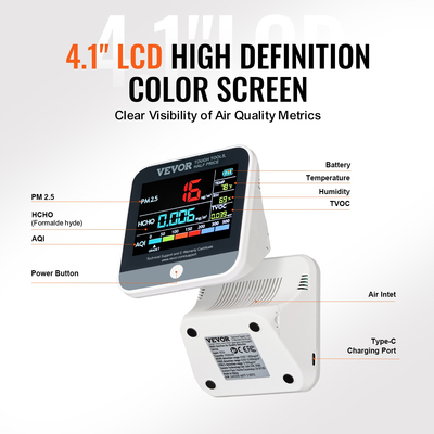 VEVOR 8-IN-1 Mini Monitor Quality Air Meter PM1.0/2.5/10 HCHO TVOC Tester