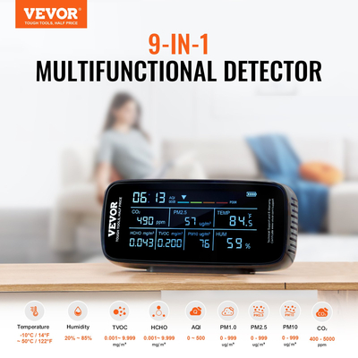 VEVOR 9-IN-1 Παρακολούθηση Ποιότητας Αέρα Ανιχνευτής CO2 PM1.0/2.5/10 Ελεγκτής HCHO TVOC