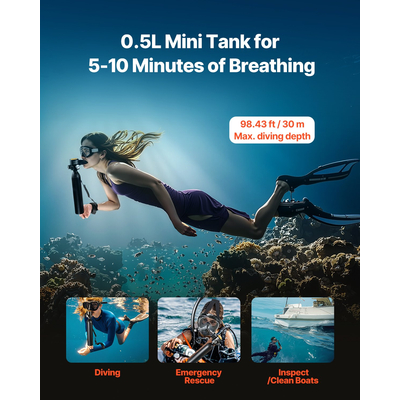 VEVOR 0.5L Scuba Tank 98.43ft Depth Diving Refillable Snorkel Air Tank with Pump