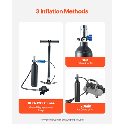 Φιάλη VEVOR 1L, βάθος κατάδυσης 98,43 ft, επαναγεμιζόμενη φιάλη αέρα για αναπνευστήρα με αντλία