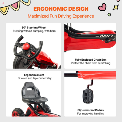 VEVOR Go Kart 4 τροχών με πεντάλ για παιδιά ηλικίας 3-8 ετών με ρυθμιζόμενο κάθισμα, κόκκινο