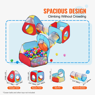 VEVOR 5 σε 1 Παιδική σκηνή με τούνελ, στεφάνι μπάσκετ για αγόρια, κορίτσια, μωρά και νήπια, εσωτερικό/εξωτερικό Pop Up Playhouse με τσάντα μεταφοράς και δώρα γενεθλίων με ιμάντες, κόκκινο/κίτρινο/μπλε