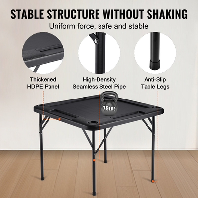 Τραπέζι VEVOR Mahjong, τετράγωνο τραπέζι πτυσσόμενο 4 παίκτες με 4 ποτηροθήκες & 4 δίσκους για μάρκες, φορητό τραπέζι Domino με 1 σετ ντόμινο για παζλ Mahjong Poke, 35,4 x 35,4 ιντσών, μαύρο