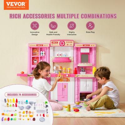 VEVOR Kitchen Playset Kids Pretend Cooking Play Toy 74 Piece Αξεσουάρ Ροζ