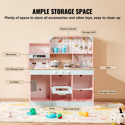 VEVOR Kitchen Playset Kids Pretend Cooking Play Toy 24 Piece Αξεσουάρ Ροζ