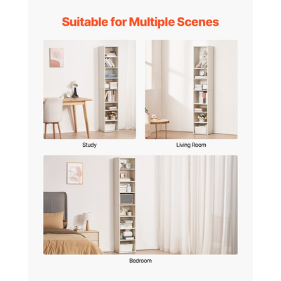 VEVOR 8 Επιπέδων Στενή Βιβλιοθήκη 71" Ξύλινη Ανοιχτή Βιβλιοθήκη Ρυθμιζόμενο Ράφι Λευκό