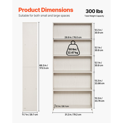 VEVOR 5 Επιπέδων Φαρδιά Βιβλιοθήκη 68" Ξύλινη Ανεξάρτητη Ανοιχτή Βιβλιοθήκη Ράφι Λευκό