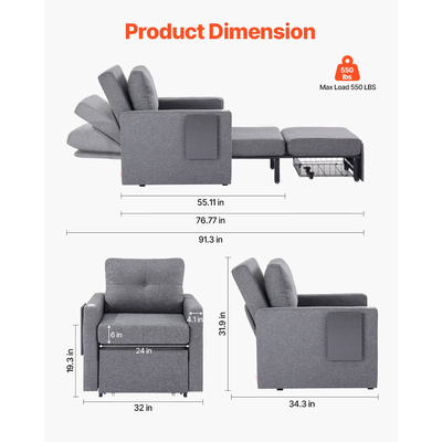 VEVOR Καναπές-Κρεβάτι με Πλαϊνό Μαξιλάρι, Πλαϊνή Θήκη, 5 Ρυθμιζόμενες Πλάτες