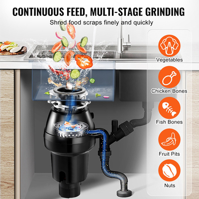 VEVOR Garbage Disposal 1/2 HP Continuous Food Waste Disposer 3-Bolt 3820 RPM
