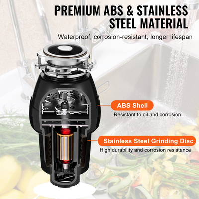 VEVOR Garbage Disposal 1/2 HP Continuous Food Waste Disposer 3-Bolt 3820 RPM
