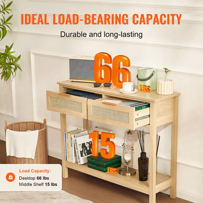 Τραπέζι κονσόλας VEVOR Rattan με 2 συρτάρια αποθήκευσης Rattan συρόμενη πόρτα Natural