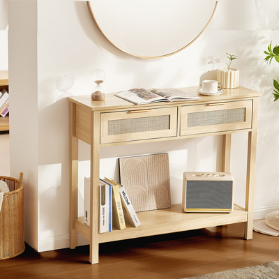 Τραπέζι κονσόλας VEVOR Rattan με 2 συρτάρια αποθήκευσης Rattan συρόμενη πόρτα Natural