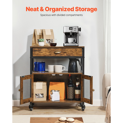 VEVOR Coffee Bar Ντουλάπα 4 επιπέδων Κινητό Τραπέζι καφέ μπαρ με ρόδες & διχτυωτή πόρτα
