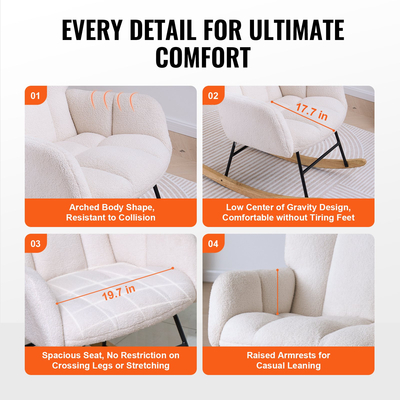 Κουνιστή καρέκλα VEVOR Nursery, χωρητικότητα βάρους 250 λίβρες Teddy ύφασμα με επένδυση Glider Rocker καρέκλα με μαλακό κάθισμα και ψηλή πλάτη, καρέκλα νοσηλείας για νηπιαγωγείο, υπνοδωμάτιο, σαλόνι, λευκό Ivory