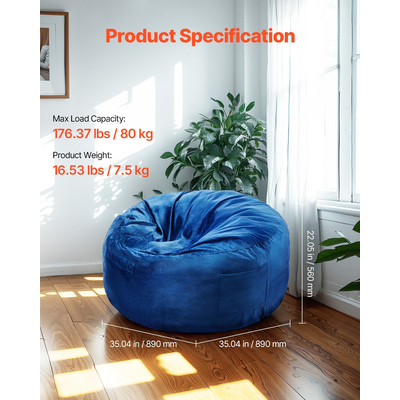 Καρέκλα VEVOR 3 πόδια Round Bean Bag με αφαιρούμενο κάλυμμα & Dutch Velvet Blue