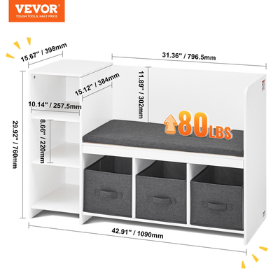 VEVOR Kids Reading Nook Bench 6-Cubby Storage ράφι με μαξιλάρι καθίσματος λευκό