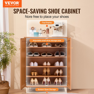 VEVOR Rattan Shoe Cabinet 5 Tiers Shoe Organizer 2 πόρτες & ρυθμιζόμενα ράφια