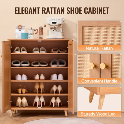 VEVOR Rattan Shoe Cabinet 5 Tiers Shoe Organizer 2 πόρτες & ρυθμιζόμενα ράφια