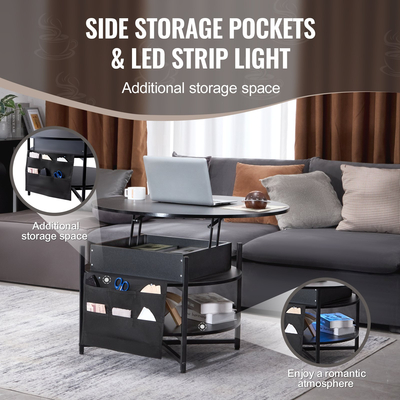 VEVOR Lift Top Τραπεζάκι σαλονιού 35,3" Στρογγυλό Τραπεζάκι Σαλονιού Μαύρο