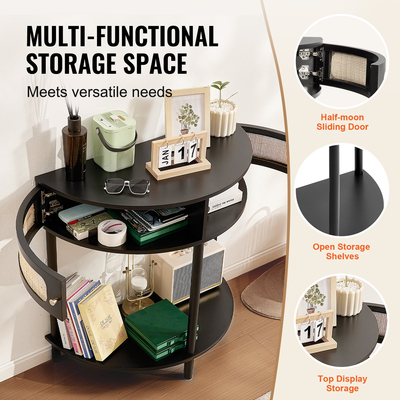 VEVOR Half-moon Rattan Κονσόλα Τραπέζι 2 Συρτάρια αποθήκευσης Rattan Συρόμενη πόρτα Μαύρο