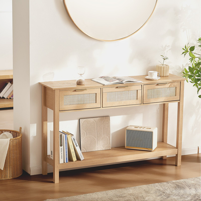 Τραπέζι κονσόλας VEVOR Rattan με 3 συρτάρια αποθήκευσης Rattan συρόμενη πόρτα Natural