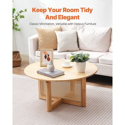 Τραπεζάκι σαλονιού VEVOR Rattan Τραπεζάκι σαλονιού Ξύλινο Στρογγυλό Τραπεζάκι Μονόροφο για Σαλόνι