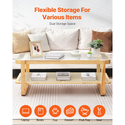 Τραπεζάκι σαλονιού VEVOR Rattan Ορθογώνιο Τραπέζι σαλονιού Rattan 2 επιπέδων για σαλόνι
