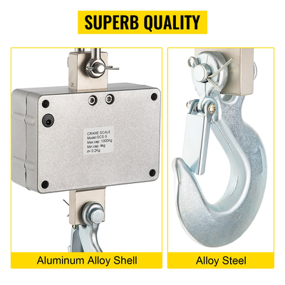 VEVOR 1000KG 2200LBS Ψηφιακή ζυγαριά LED γερανού 1T Ζυγαριά βαρέως τύπου Ασημί Αλουμίνιο Ψηφιακή ζυγαριά γερανού LCD οθόνη