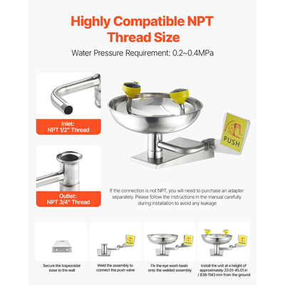 VEVOR Eyewash έκτακτης ανάγκης για πλύσιμο ματιών, επιτοίχιος σταθμός πλύσης ματιών από ανοξείδωτο ατσάλι