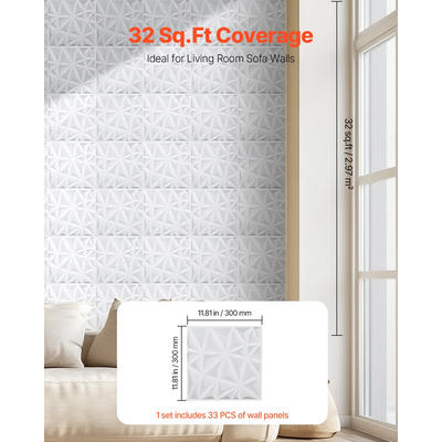 VEVOR 3D πάνελ τοίχου 33-συσκευασία 11,81x11,81&#039;&#039; PVC 32 τετραγωνικών μέτρων με κάλυψη Diamond White