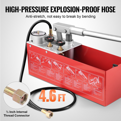 Υδροστατική δοκιμαστική αντλία VEVOR, Max 25 bar/362 PSI, Χειροκίνητο κιτ ελέγχου πίεσης νερού υδραυλικής διπλής βαλβίδας με μετρητή Δεξαμενή νερού 10L, σωλήνας 1,4 m με εξωτερικό σύνδεσμο σπειρώματος 1,27 cm για αγωγό