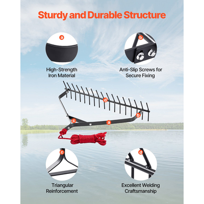 Τσουγκράνα VEVOR 32x6,3 ίντσες για υδρόβια ζιζάνια, διπλής όψης για λίμνη, σχοινί 30 ποδιών
