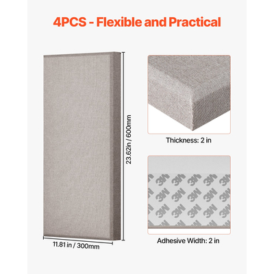 VEVOR 4 τεμάχια ακουστικά πάνελ τοίχου, πάχους 2 ίντσες, αυτοκόλλητα, Camel, 23,6 x 11,8 ίντσες