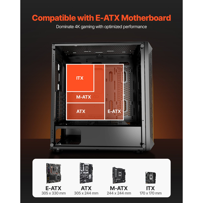 Θήκη VEVOR PC, θήκη gaming υπολογιστή Full-Tower, 3 ανεμιστήρες PWM για μητρική E-ATX