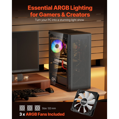Θήκη VEVOR για gaming PC μεσαίου πύργου ATX, κουτί με 3 ανεμιστήρες ARGB 120 mm