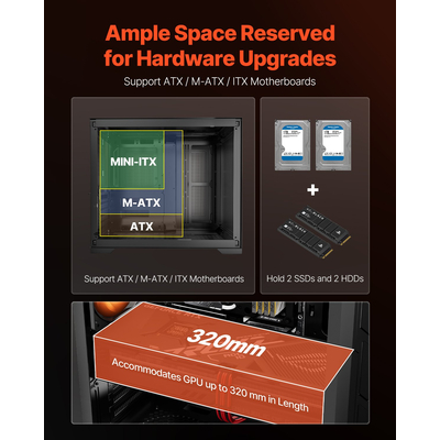 Θήκη VEVOR για gaming PC μεσαίου πύργου ATX, κουτί με 3 ανεμιστήρες ARGB 120 mm