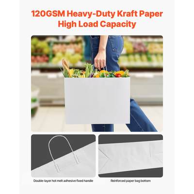 VEVOR Χάρτινες Σακούλες Kraft με Χερούλια 100 Τεμάχια 16x6x12 σε Τσάντα για Ψώνια σε Λευκό Χρώμα