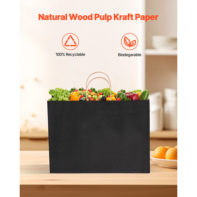 VEVOR Χάρτινες Σακούλες Kraft με Χερούλια 100 Τεμάχια 16x6x12 σε Τσάντα για Ψώνια σε Μαύρο Χρώμα