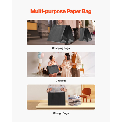 VEVOR Χάρτινες Σακούλες Kraft με Χερούλια 100 Τεμάχια 16x6x12 σε Τσάντα για Ψώνια σε Μαύρο Χρώμα