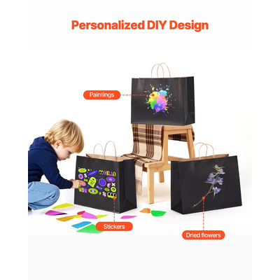 VEVOR Χάρτινες Σακούλες Kraft με Χερούλια 50 Τεμάχια 16x6x12 σε Μαύρη Τσάντα για Ψώνια