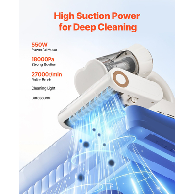 Ηλεκτρική σκούπα στρωμάτων VEVOR με ισχυρό φίλτρο HEPA αναρρόφησης 18Kpa 550W λευκό