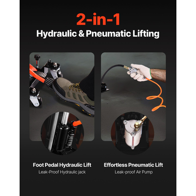 Βάση ανύψωσης μοτοσικλέτας VEVOR 1500lbs με υδραυλικό και πνευματικό ανυψωτικό, 2 ροδάκια