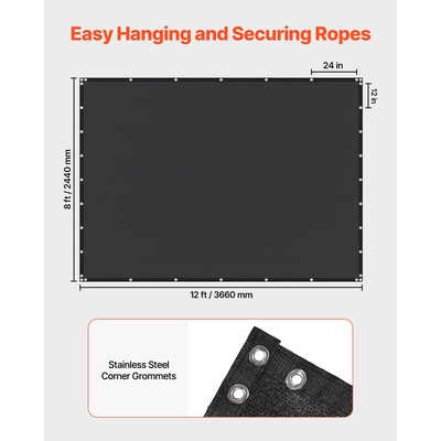 VEVOR 90% Υφασμάτινη Οθόνη Προστασίας Απορρήτου 8 x 12 πόδια για Αίθριο Κήπο (Μαύρο)