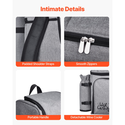 Τσάντα πλάτης VEVOR για πικνίκ παραλίας 4 ατόμων με ψυγείο, γκρι