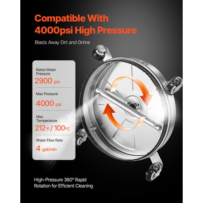 VEVOR Πλυστικό μηχάνημα υψηλής πίεσης 15" για καθαρισμό επιφανειών 4 τροχών 4000 Max PSI 2 εκτεταμένες ράβδοι