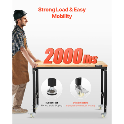 Πάγκος εργασίας VEVOR 48" με ρόδες, ρυθμιζόμενο ύψος, πρίζα και σανίδα